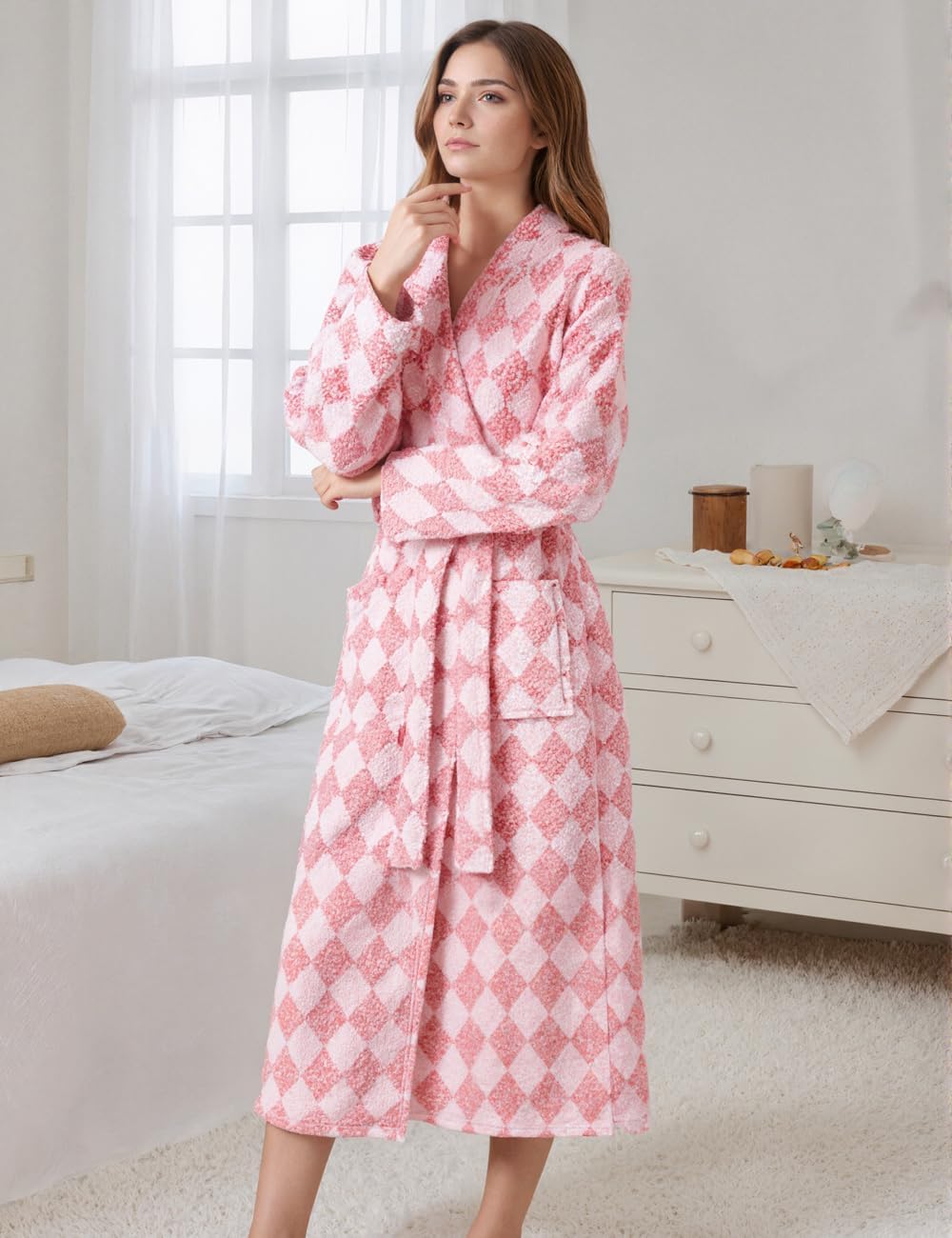 Womens Plush Robes Long Soft Fluffy Bathrobe Bathrobe With Pocket Belt Warm Robes