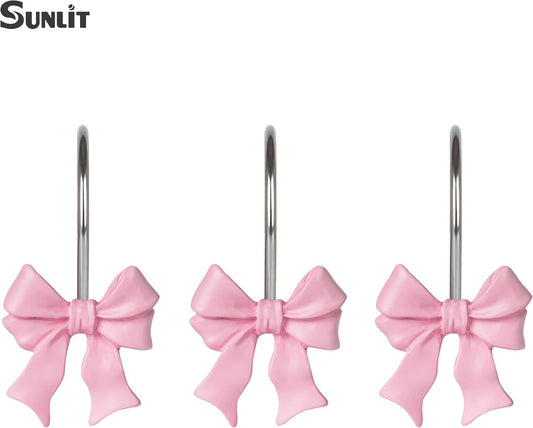 Sunlit Cute Bow Knot Shower Curtain Hooks, Home Decorative Shower Curtain Rings for Bathroom, Resin Shower Curtain Hangers Bathroom Accessories, Set of 12, Pink