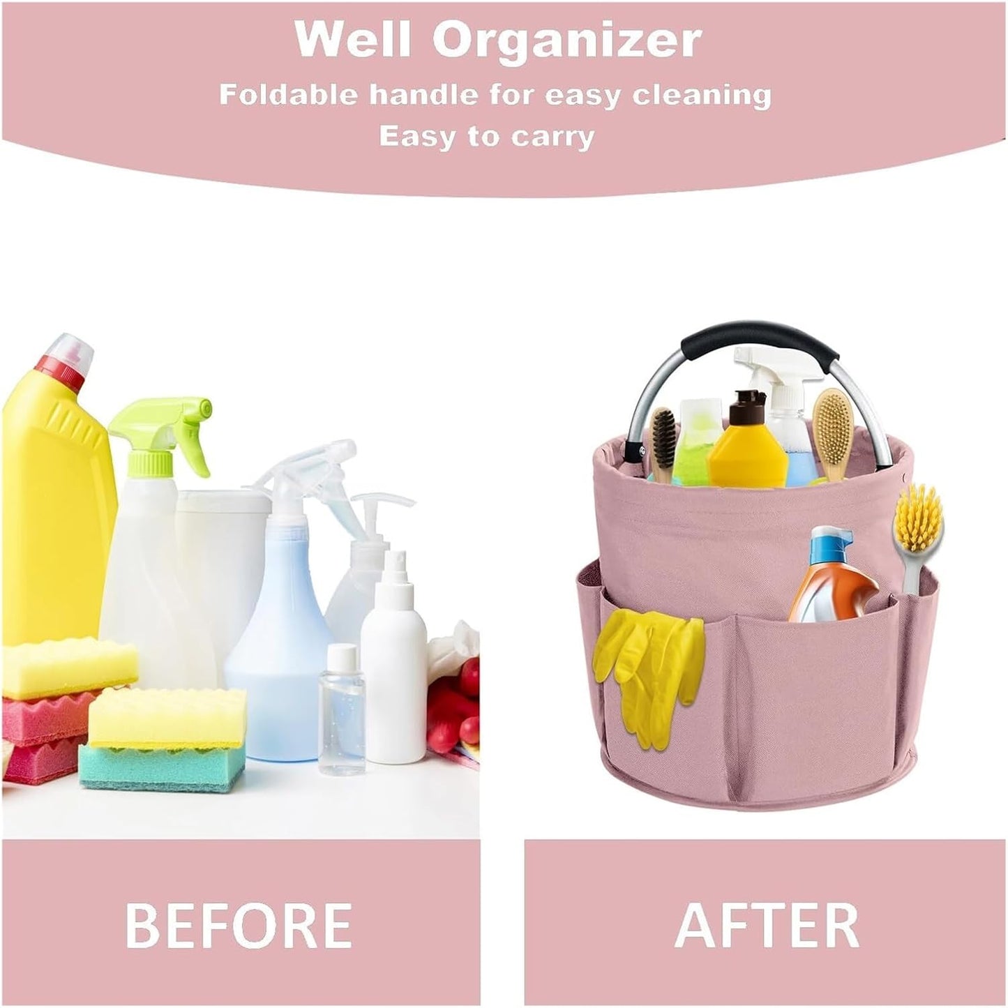 17L Cleaning Caddy with Handled – Foldable Storage Basket & Portable Multi-Purpose Bucket Bag for Home, Garden, Car & Office Supplies Organizer(Pink)