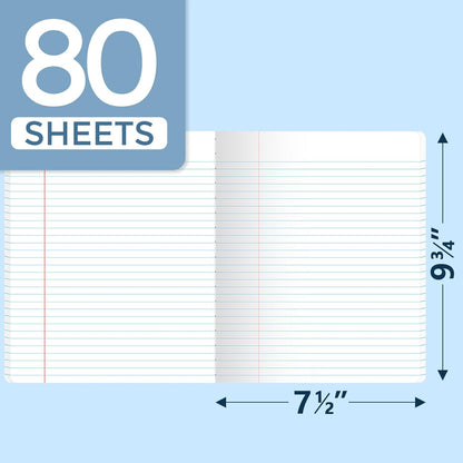SUNEE Composition Notebook, Wide Ruled Paper, 5 Pack, 9-3/4" x 7-1/2", 80 Sheets/160 Pages, Back to School Supplies, Notebooks for School, Office Supplies (Pink, Purple, Blue, Green, Yellow)
