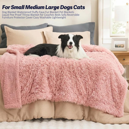 Pink Waterproof Calming Dog Blanket Reversible Faux Fur Sherpa Blankets for Couch Covers Fuzzy Pet Bed Cover Sofa Furnitures Protective(Pink,L-65x57in)