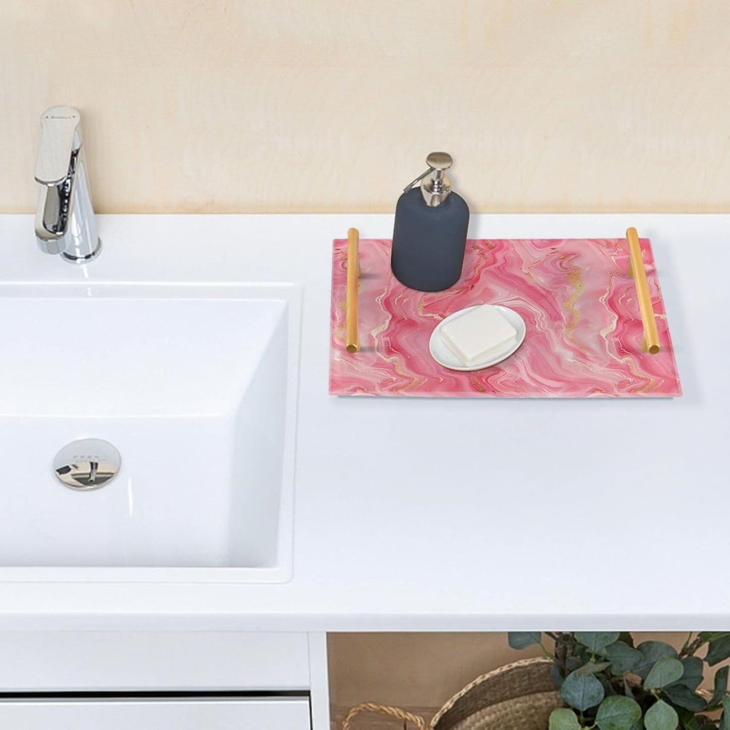 Peach Marble Decorative Acrylic Acrylic Tray with Handles Decorative Serving Trays for Jewelry Perfume for Room Service bandeja Blanca para servir