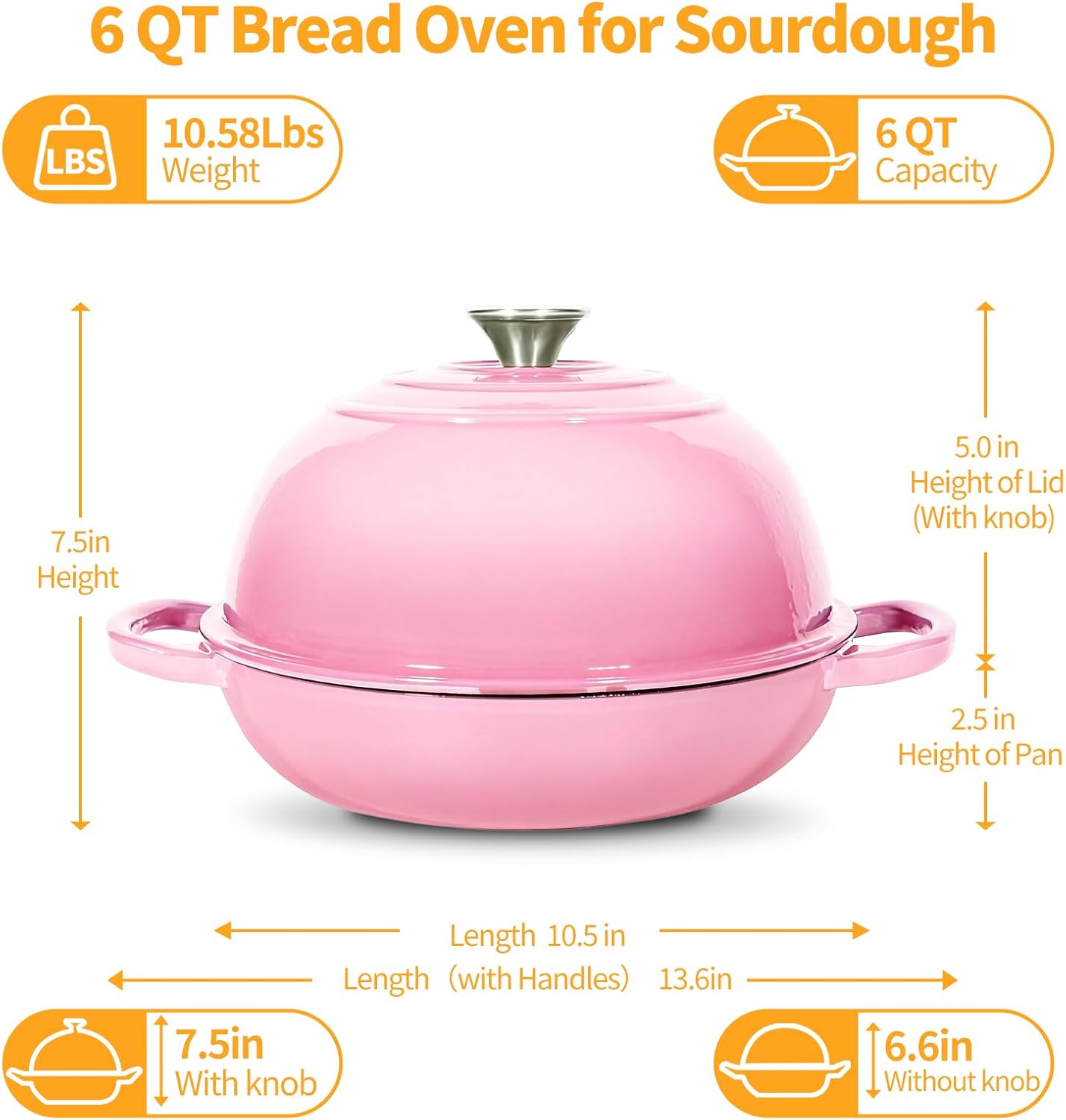 ONKO Dutch Oven For Sourdough Bread Baking, 6QT Enameled Cast Iron Dutch Oven Pot With Lid, Non-stick Sourdough Baking Pan with Bread Dome, Round Ceramic Dutch Ovens Pot with Cloche for Homemade