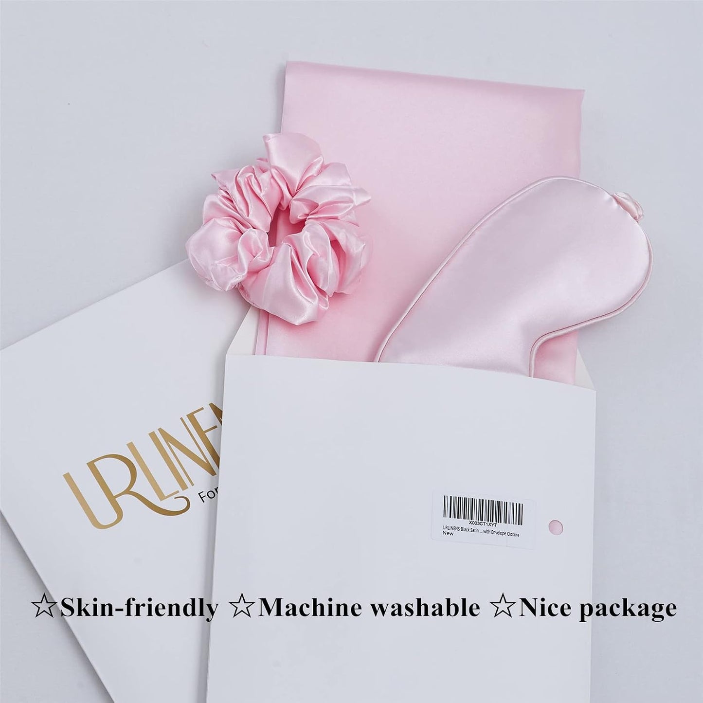 Satin Pillowcase for Hair and Skin, Vegan Silk Pillowcase Set-2 Pink Satin Pillowcases, 1 Eye Mask, 1 Scrunchie-Luxury Sleep Set, Silky Standard Satin Pillow Cases with Envelope Closure