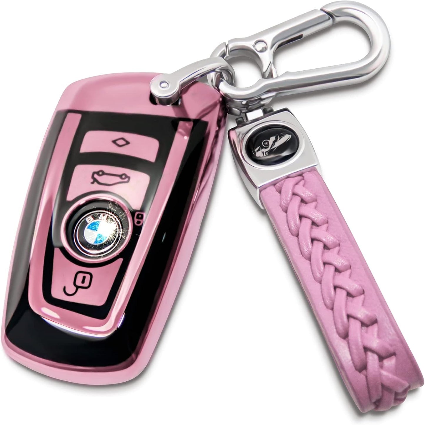 Creativity Suitable For BMW key fob cover. Advanced soft TPU key box is compatible with X1 X3 X4 X5 X6 1 2 4 5 6 7 M3 M5 M6 GT3 GT5 G30 F10 F15 F16 F20 key (Type A Pink Key Case + key chain set)