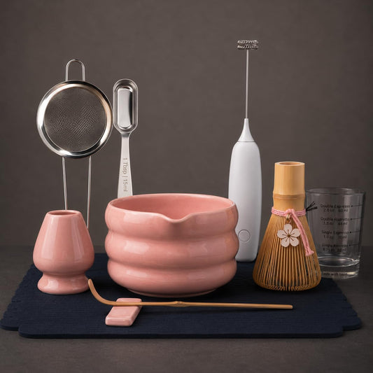BARISTA EMPEROR® MATCHA WHISK SET PREMIUM 11pcs - Professional Matcha Kit Set with Matcha Bowl, Matcha Whisk, Milk Frother, Spoon, Sifter, Scoop, Stand, Cup, Mat - Aesthetic Pink Matcha Set Kit