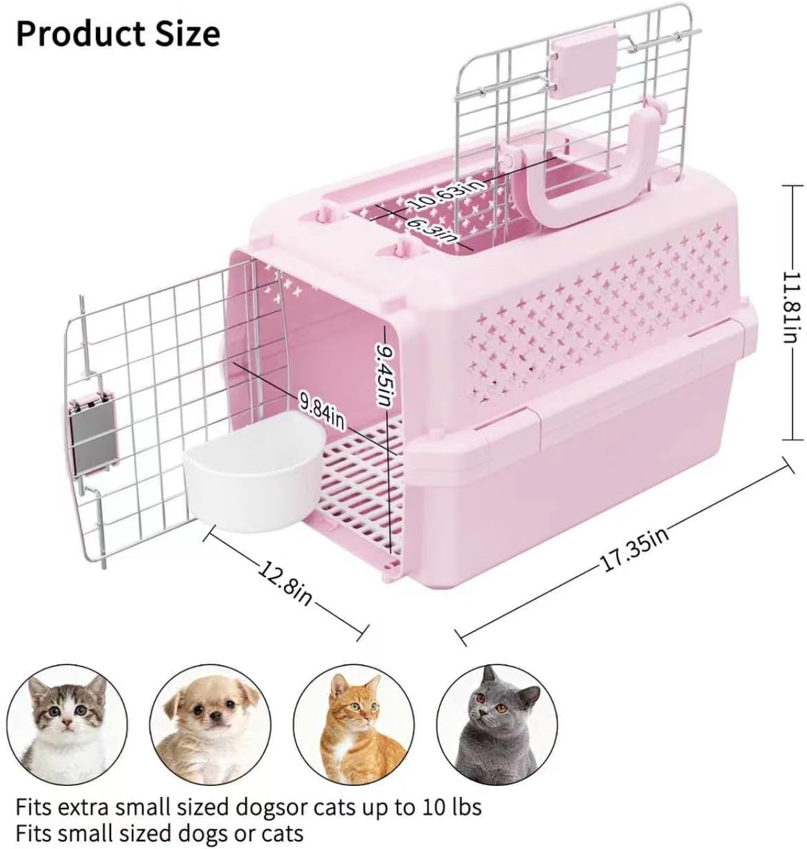 RIZZARI Small Hard Sided Pet Carrier, Ventilated Plastic Travel Crate with Metal Door and Top Handle for Small Dogs and Cats, Pink Small, Ideal for Car Travel Vet Visits and Daily Use