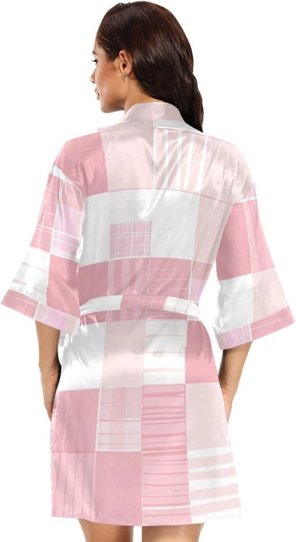 Light Blush and White Checkered Pattern Womans Bathrobes with Pockets Long Nightshirt after Shower