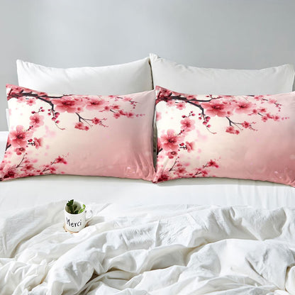 Cherry Bloosom Fitted Sheet Queen Size 3 Pcs,Pink Peach Blossom Bedding Set for Girls Women Adults,Wild Watercolor Flowers Romantic Bed Cover with 2 Pillowcases(No Top Sheet)