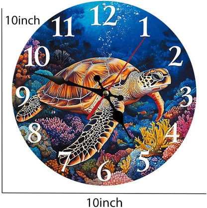 Silent Non Ticking Wall Clock 12 Inch, Turtle Coral Beach Ocean Round Wood Glare Free Clock, Battery Operated, Decorative Gift for Bathroom, Kitchen, Living Room, Bedroom, Nursery, Office