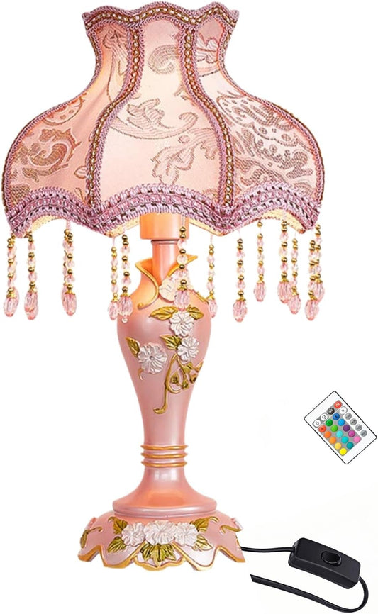 Vintage Pink Table Lamp Victorian Style, 19.7inch Bedside Lamp with Fabric Shade for Bedroom, E26/E27 Base Compatible with Smart Bulb, Princess Nightstand Lighting Decor