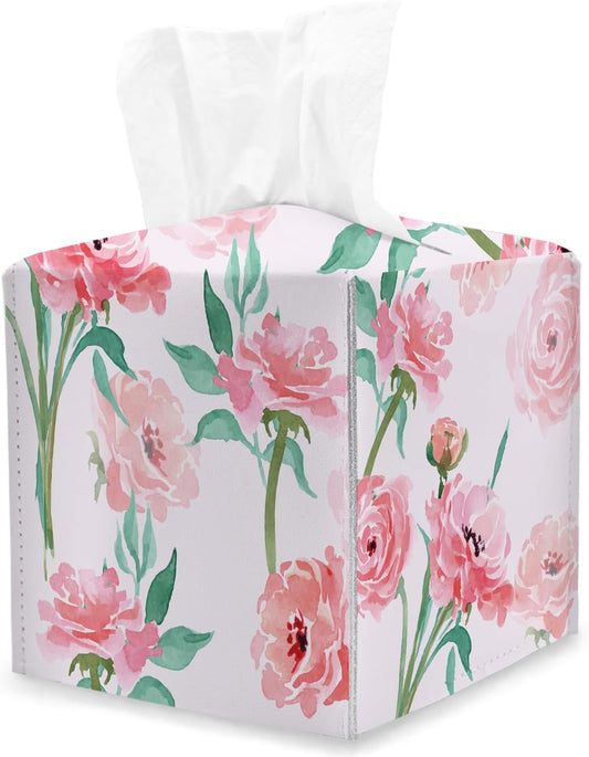 Pink Floral Tissue Box Cover Square, Watercolor Flowers Cube Tissue Box Holder, Tabletop Decor Leather Facial Paper Organizer Dispenser for Bathroom Home Car Night Stand Living Room/25