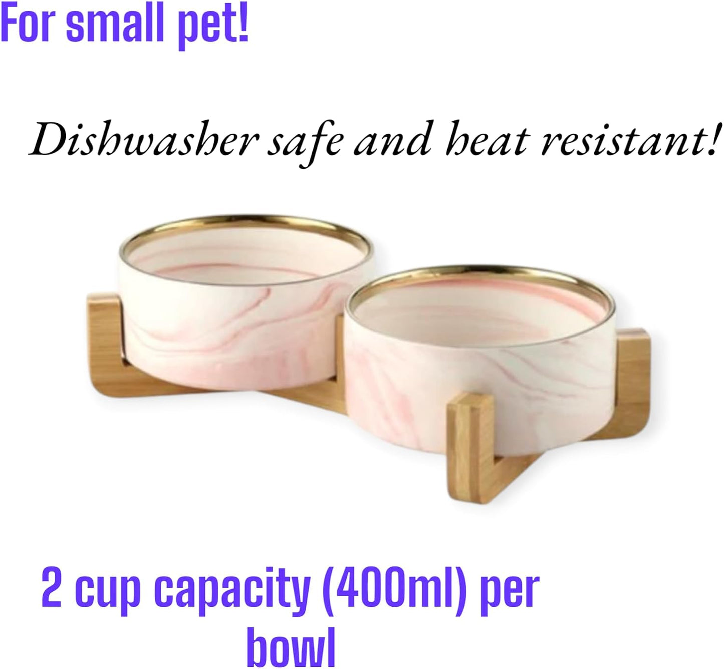Ceramic Pet Bowl (Marble Design) Set of 2 with Stand, 2cups and 4 Cups Capacity (Marble Pink w/Gold, Small, 2 Cups per Bowl)