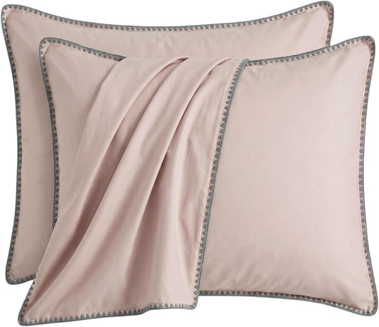 Q&J Fabric Co. 2 Pack Scalloped Edge Lace Standard Pillow Cases Luxury 400 TC 100% Washed Cotton Handmade Embroidery Dusty Pink 20x26 inch Envelope Closure for Bedroom Hotel French Vintage Decor