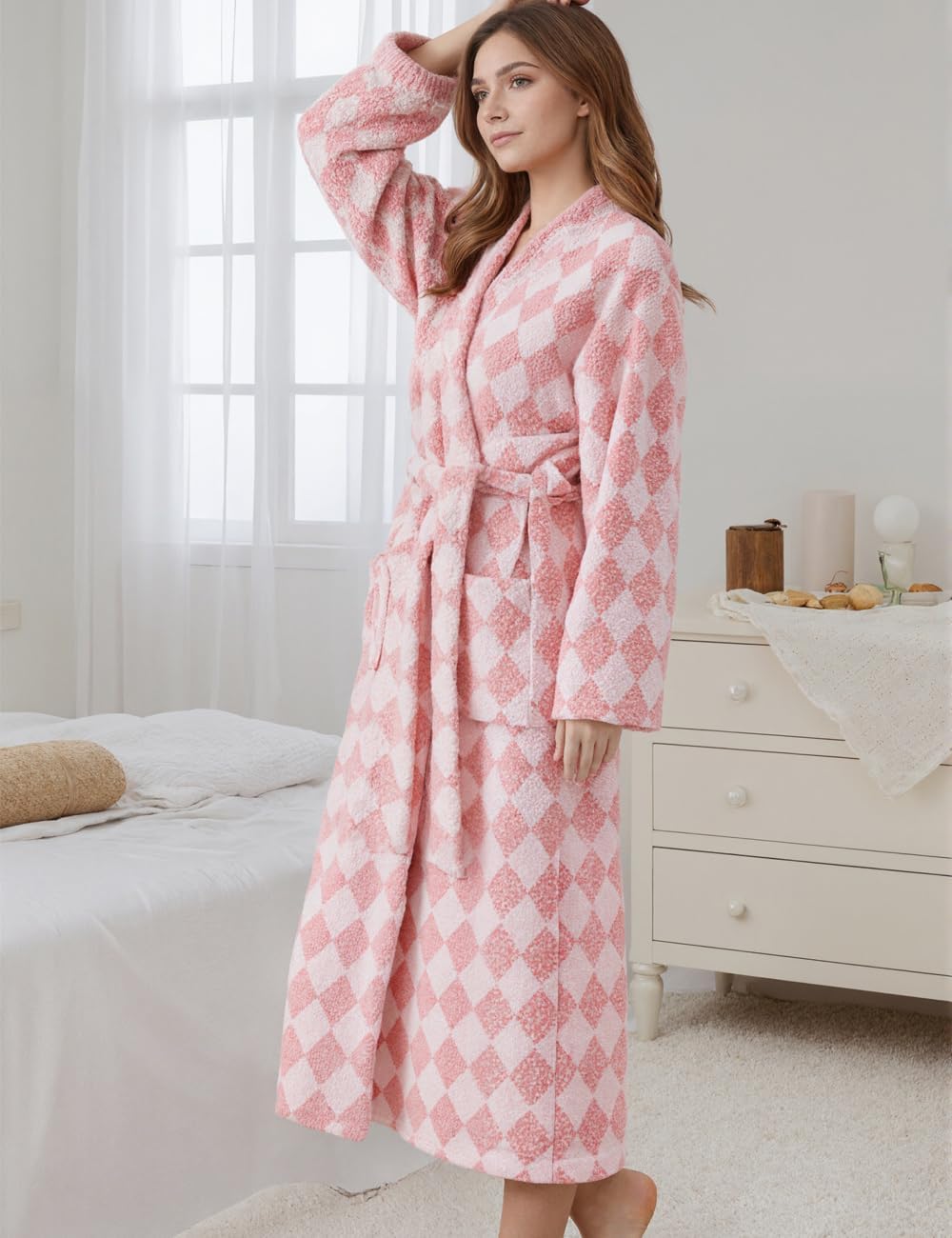 Womens Plush Robes Long Soft Fluffy Bathrobe Bathrobe With Pocket Belt Warm Robes