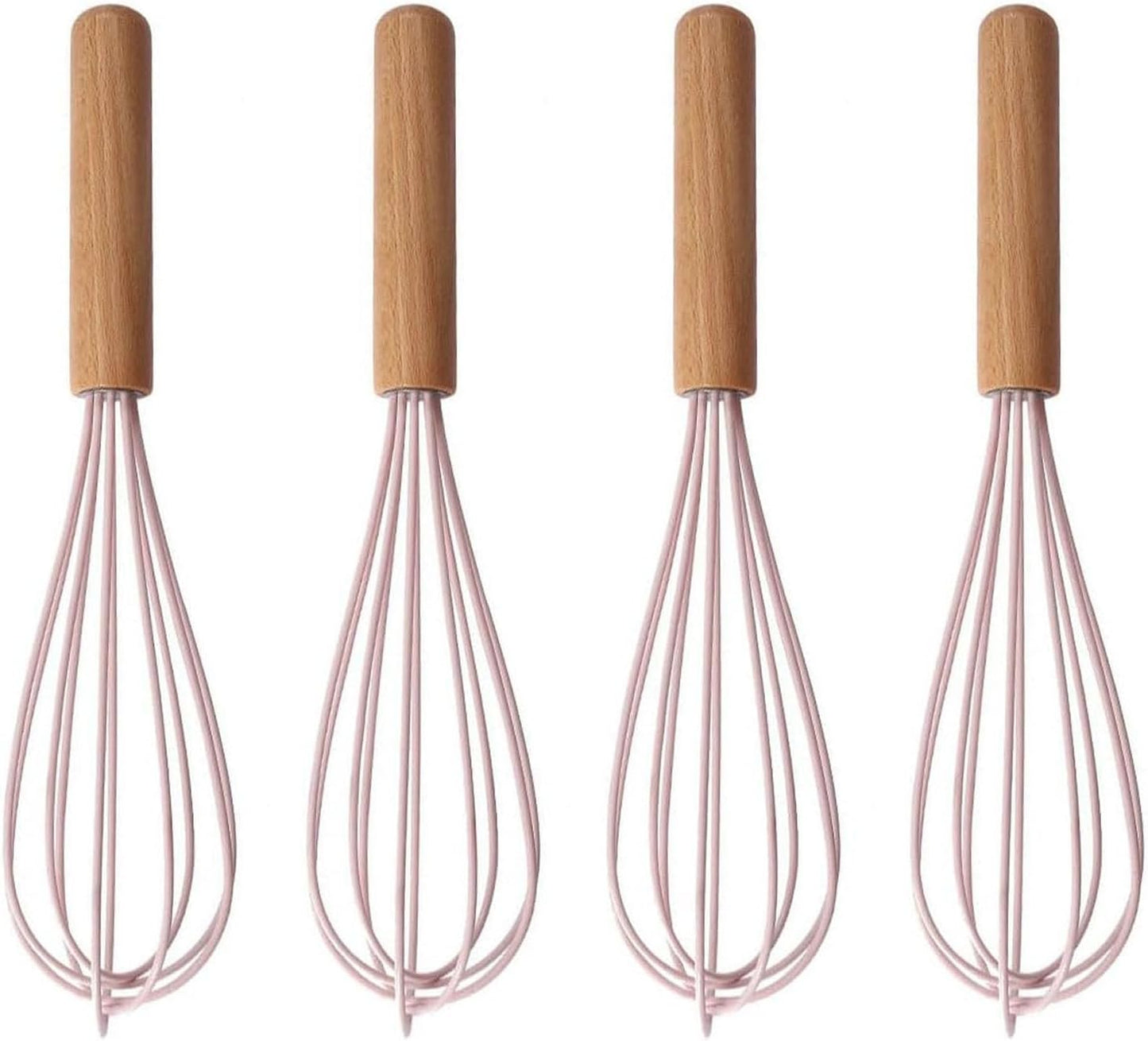 4Pack Wooden Handle Silicone Whisks for Baking - 10 Inch Balloon Egg Beater Set, Heat Resistant Non-Scratch Kitchen Whisk for Mixing, Whisking & Frothing (Pink)