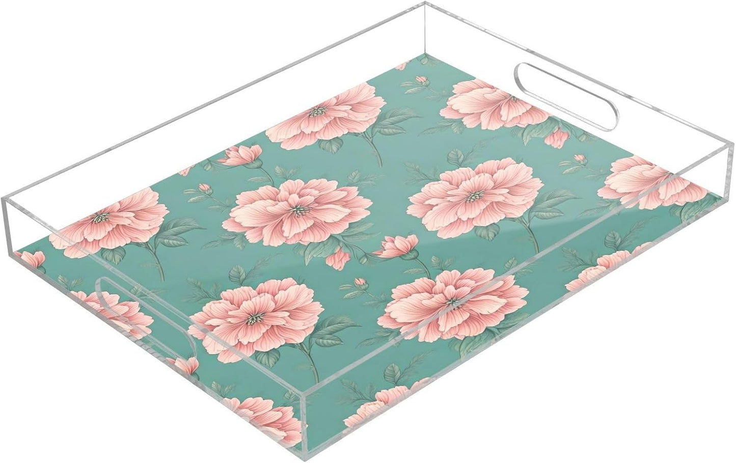 Kigai Pink Floral Pattern Serving Tray with Handles, 12x16 Inch Decorative Acrylic Tray Organizer, Multi-Purpose Sturdy Serving Platter for Coffee Table, Kitchen, Vanity, Nightstand