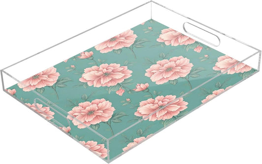Kigai Pink Floral Pattern Serving Tray with Handles, 12x16 Inch Decorative Acrylic Tray Organizer, Multi-Purpose Sturdy Serving Platter for Coffee Table, Kitchen, Vanity, Nightstand