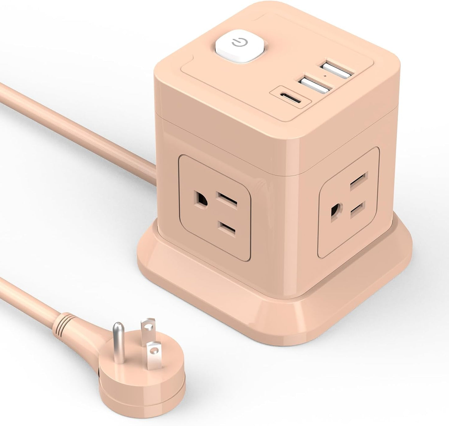 Cube Power Strip, FDTEK 4 Widely Spaced Outlet with 3 USB (1 USB C) Flat Plug Power Strips with Long Extension Cords Space Save Compact Portable for Travel Home Office Cruise (Pink)