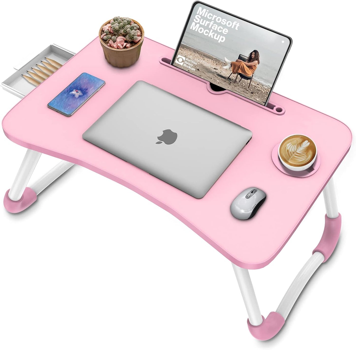 Zapuno Multi-Function Laptop Bed Table with Storage Drawer and Cup Holder, Lap Desk Stand Tray for Eating, Reading and Working
