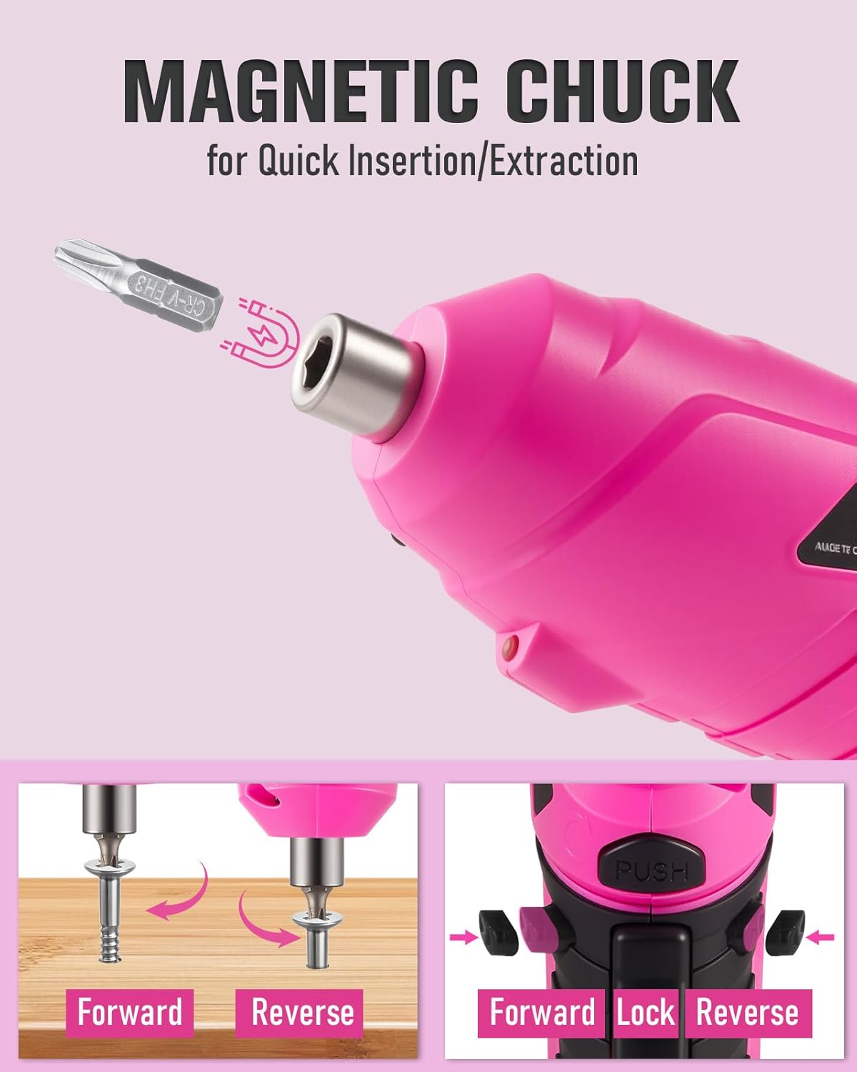 Durofort Pink Cordless Electric Screwdriver Set, 3.7V Rechargeable Small Electric Drill with 25pcs Driver Bit Set, Power 3Nm Screw Gun with 2 Position Handle, Flexible Shaft LED Light for Women