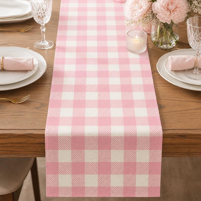 Easter Pink and White Buffalo Check Plaid Table Runner Gingham Pink Farm Birthday Party Decorations Home Kichen Dining Room Decor 13x72 Inch