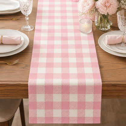 Easter Pink and White Buffalo Check Plaid Table Runner Gingham Pink Farm Birthday Party Decorations Home Kichen Dining Room Decor 13x72 Inch