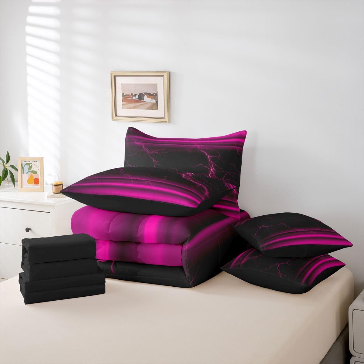 Erosebridal Black Pink Neon Light Girls 7 Piece Bedding Set Twin | Ombre Lightning Pattern Comforter Set with Sheets Abstract Aesthetic Bed in A Bag Modern Art Bed Sets