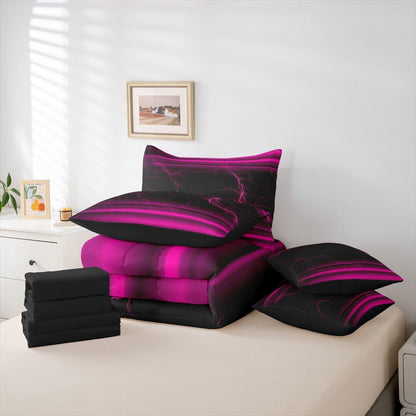 Erosebridal Black Pink Neon Light Girls 7 Piece Bedding Set Twin | Ombre Lightning Pattern Comforter Set with Sheets Abstract Aesthetic Bed in A Bag Modern Art Bed Sets