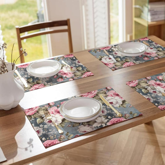 12"x18" Pink White Rose Florals Grey Vintage Flowers Placemats Set of 4 Washable Thick Place Mats Kitchen Table Mats Decorative Linen Fabric Table Mat for Dining Table Kitchen Home Decor