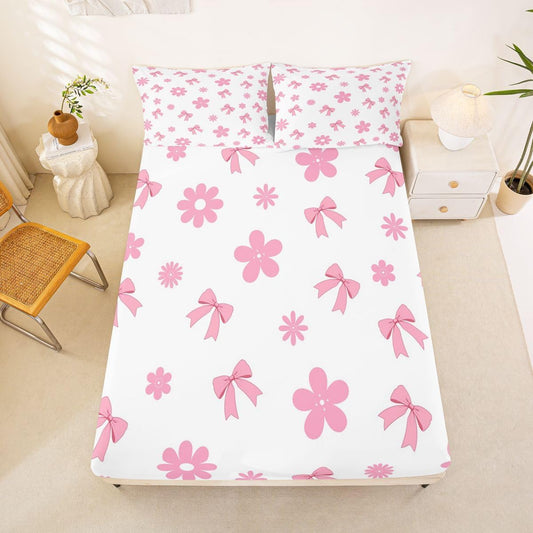 Feelyou Cute Bow Bed Sheets Sets Queen Size Kids Boys Girls Kawaii Flower Floral Bedding Set Pink Bed Sheet Set with 16-Inch Deep Pockets 4Pcs with 2 Pillow Cases