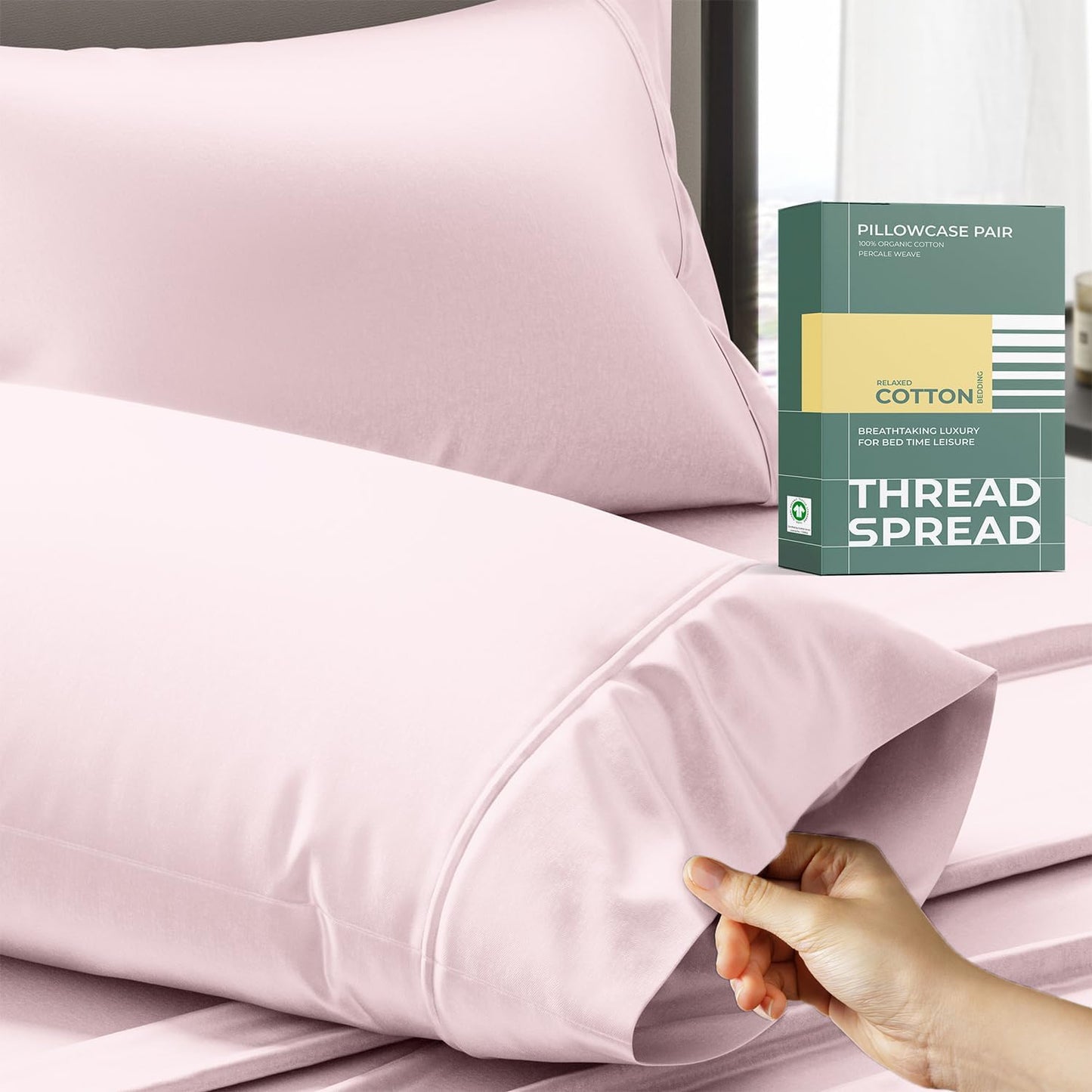 THREAD SPREAD 100% Organic Cotton Pillow Cases Standard Size - Natural Cotton Pillow Cases Queen Size Set of 2 (Blush), Soft, Cooling, Crisp & Breathable Percale Weave Pillowcase, GOTS Certified