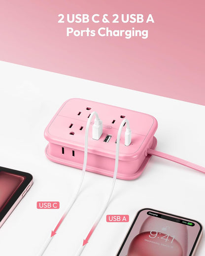 NTONPOWER Pink Extension Cord, Travel Power Strip, 6 Outlets 4 USB Ports(2 USB C), 4ft Extension Cord Wrapped Around Small Power Strip, Compact for Travel, Hotel, Cruise Approved, White