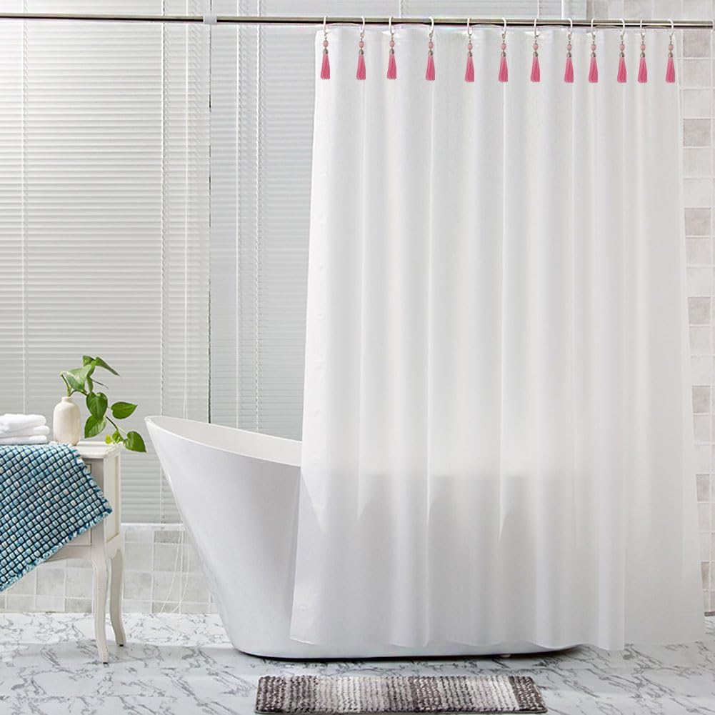 Boho Shower Curtain Hooks Set of 12 for Bathroom, Rustproof Stainless Steel Shower Curtain Rings with Pink Tassel Decorative, Curtain Hanger Clips for Home Bathroom, Bedroom, Baby Room Decor (Pink)