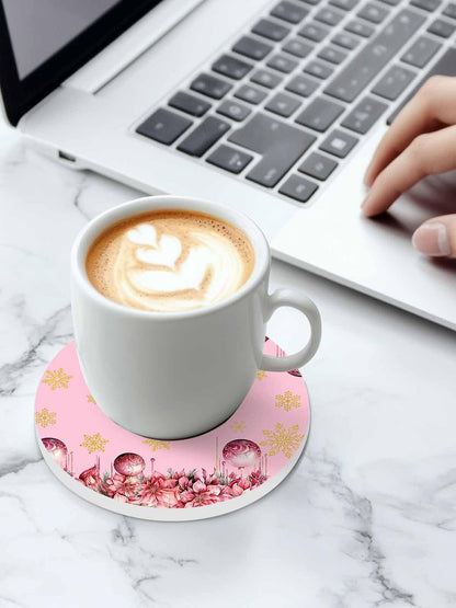 Christmas Flowers Coaster Set of 4 Light Ball Winter Snowflake Pink Drink Coasters with Holder Absorbent Ceramic Coaster for Table Dining Cup Mat for Kitche Cafe Bar Warming Gifts 4 Inches