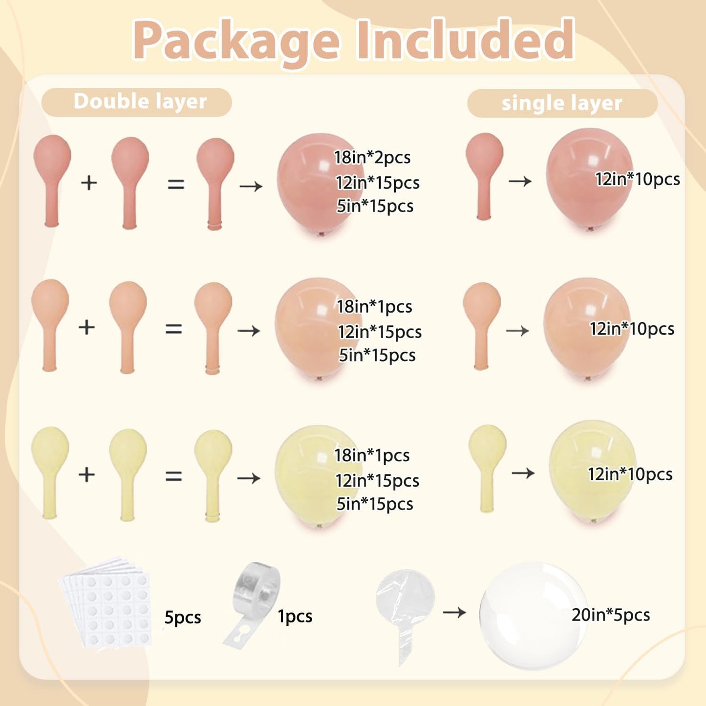 Pastel Pink Peach Balloon Arch Kit, Double Stuffed Pastel Light Pink Orange Ivory White Clear Bobo Spring Balloons Garland Kit for Wedding Bridal Shower Birthday Party Decoration