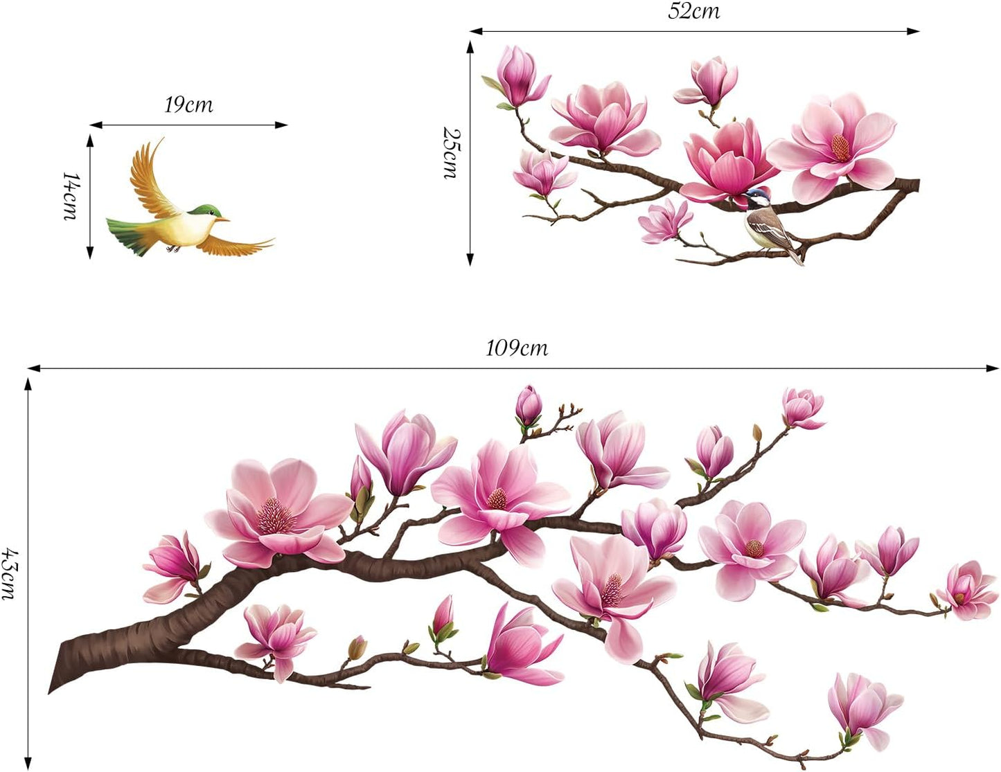SHUCHING Pink Magnolia Tree Wall Sticker Peel and Stick, Vinyl Flower Wall Decal, Floral Wall Decor Art Home Decoration for Living Room Bedroom