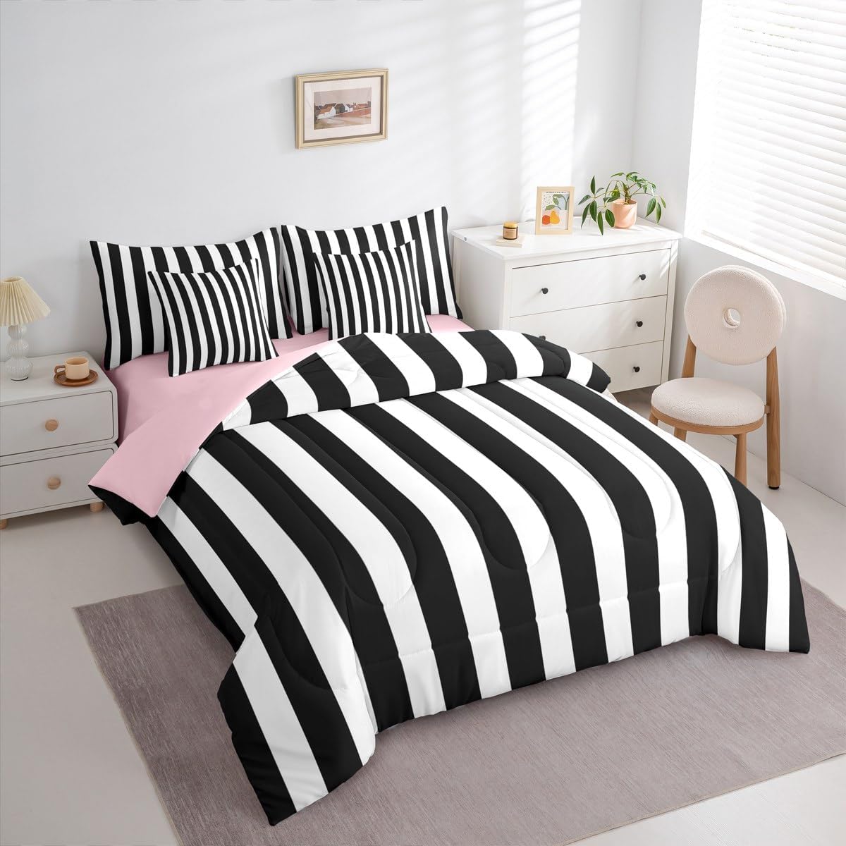 Erosebridal Black and White Striped Queen Comforter Set | Striped Bed in a Bag with Flat and Fitted Sheet Pink and Black 7-Piece Bedding Set for Kids Teens Adults Cute Pinstripe Girls Quilt Duvet Sets