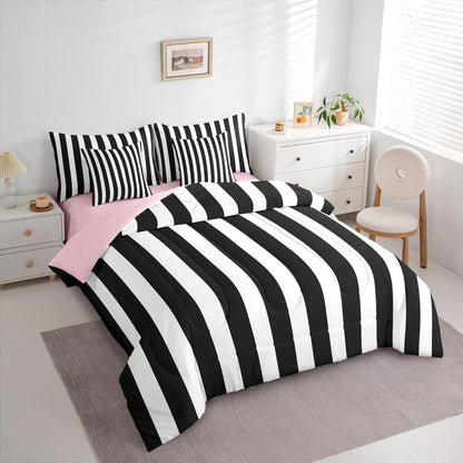 Erosebridal Black and White Striped Queen Comforter Set | Striped Bed in a Bag with Flat and Fitted Sheet Pink and Black 7-Piece Bedding Set for Kids Teens Adults Cute Pinstripe Girls Quilt Duvet Sets