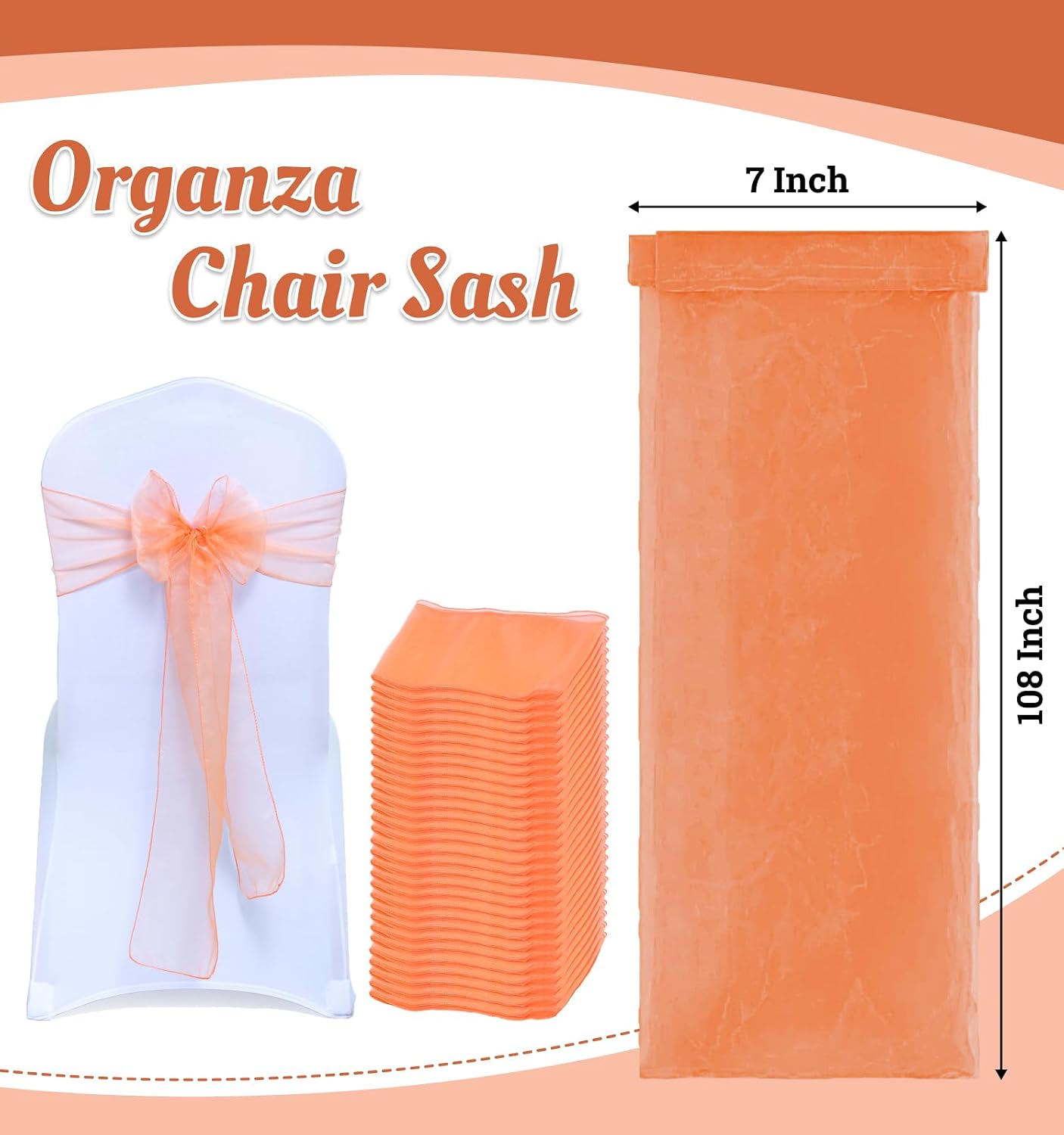 MDS® Pack of 10 Organza Chair Sashes for Wedding Decoration, Reusable Sheer Chair Bows for Banquet Chair Cover, Reception, Bridal Shower, Baby Shower, Birthday Party & Special Events - Peach