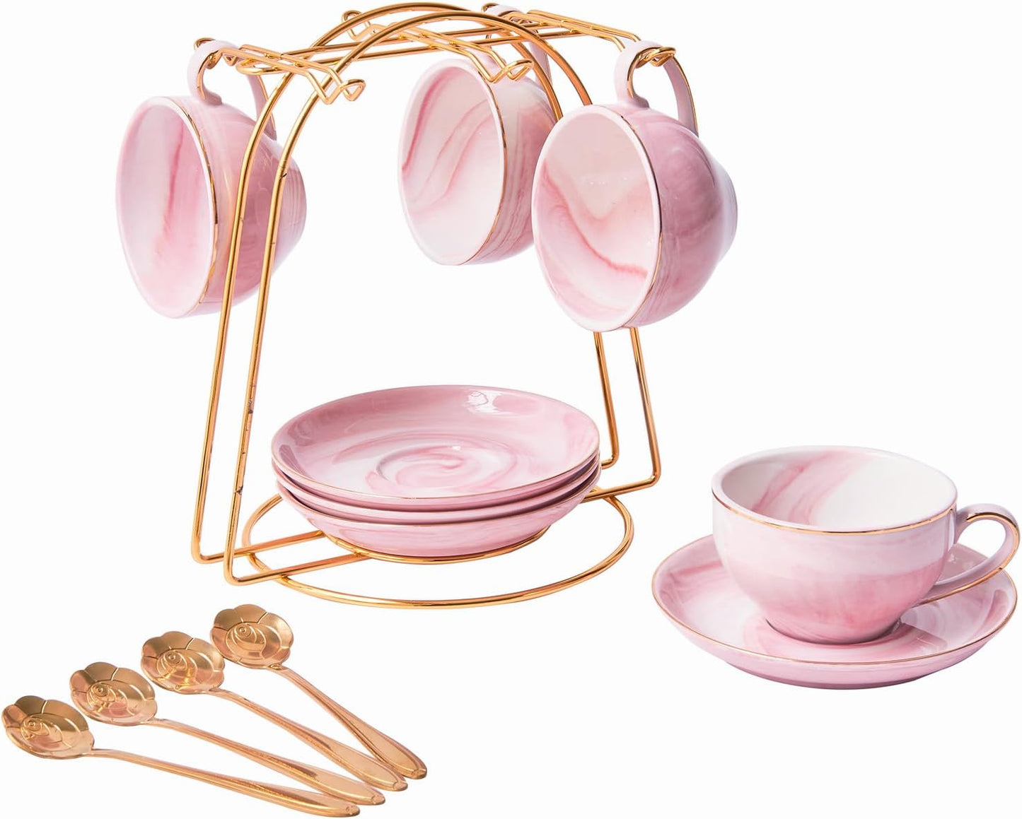 Ceramic Espresso Cups Set with Saucers and Metal Stand, 4 oz Porcelain Stackable Cappuccino Cups Teacup For Tea, Espresso, Latte, Coffee, Cafe Mocha (Pink