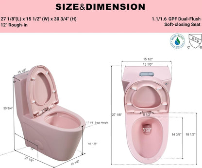 Elongated One Piece Toilet for Bathrooms, 1.1/1.6 GPF and MAP 1000g Dual Flush Compact Toilet with Soft Closing Seat, 17" Comfortable Height Seat, 12'' Rough-In (Pink)