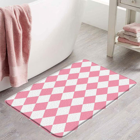 Checkered Bath Mat Pink White Cute Retro Checkerboard Geometric Plaid Modern Aesthetic Microfiber Memory Foam Bathroom Rug Doormat Kitchen Toilet Floor Rug