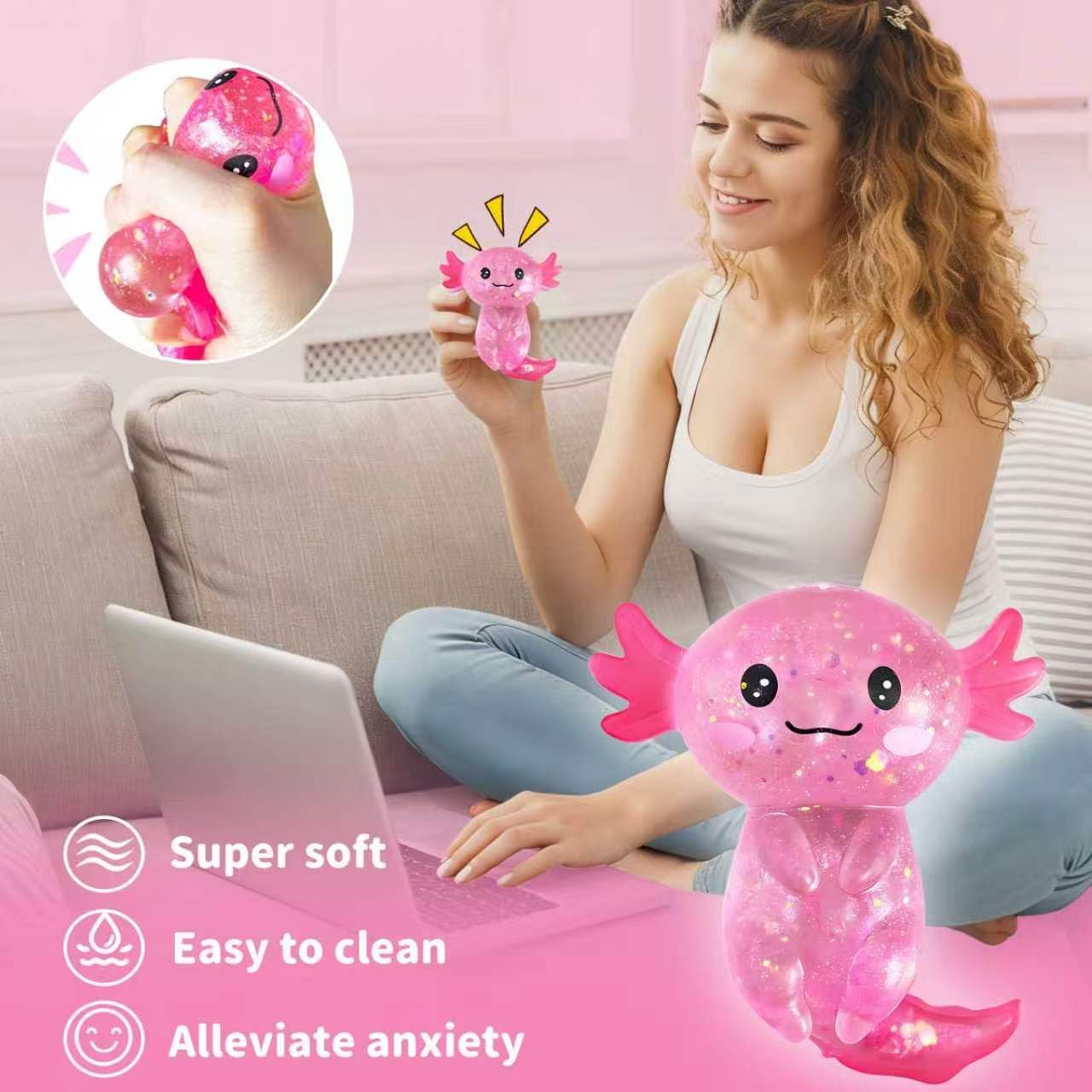 Axolotls Squishies Fidget Stress Ball,Cute Squishies Axolotls Toy,Easter Basket Stuffers, Stress Ball Squeeze Toys for Stress Relief (Pink)