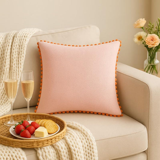WWW.THROWPILLOW.IN Peach Cotton Basketweave All Round Pom-Pom Cushion Cover, Plain Woven Texture, Handmade for Boho, Cottagecore, Kids & Modern Minimalist Decor Square Sofa Cushion 16x16 Inches
