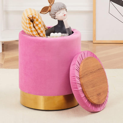 Velvet Storage Ottoman Multipurpose Footrest Stool with Metal Base Modern Round Vanity Stool Chair Ottoman Foot Stools Support 300 lbs Padded Seat for Living Room (Rose Pink)