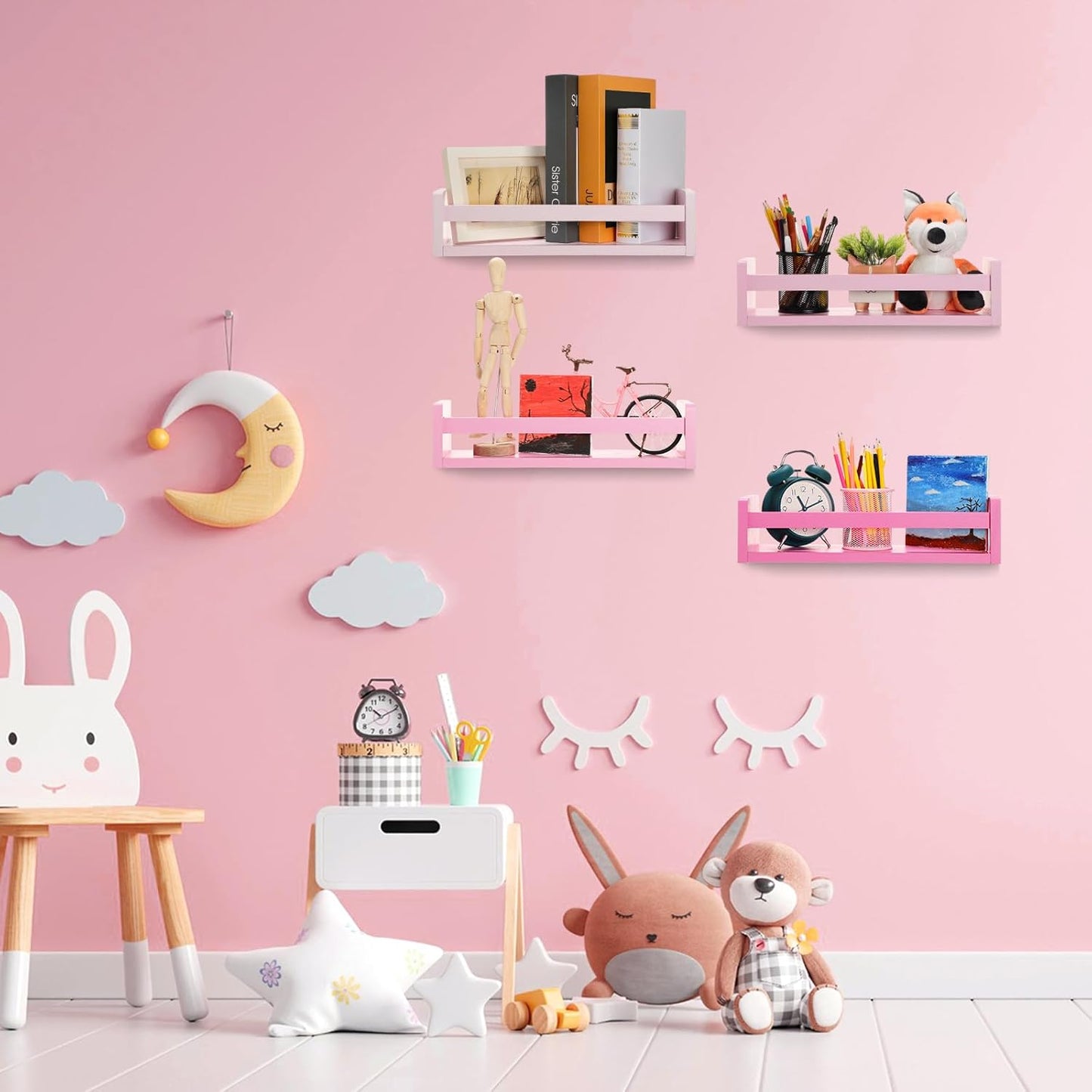Suzile Set of 4 Nursery Book Shelves Floating Bookshelves Nursery Shelves for Wall Book Shelf Organizer Bathroom Storage Rack for Wall Decor(16 in,Gradient Pink)