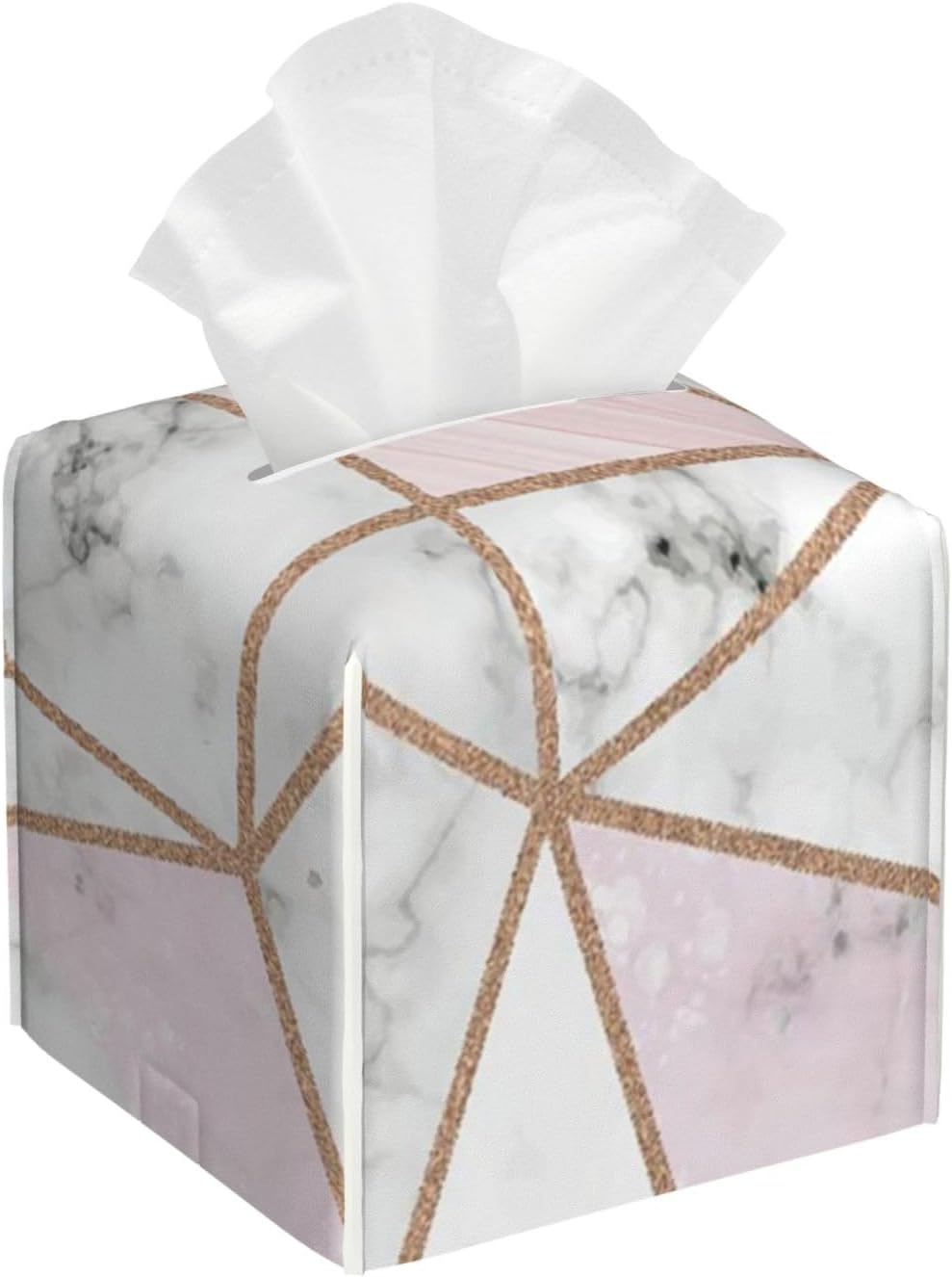 Square Tissue Box Cover, Geometric Marble Pink Stripes Surface Blocks Cracked Pattern Lines PVC Cube Holder with Bottom-Loading for Bathroom, Kitchen & Office