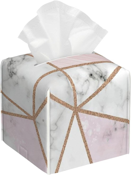 Square Tissue Box Cover, Geometric Marble Pink Stripes Surface Blocks Cracked Pattern Lines PVC Cube Holder with Bottom-Loading for Bathroom, Kitchen & Office