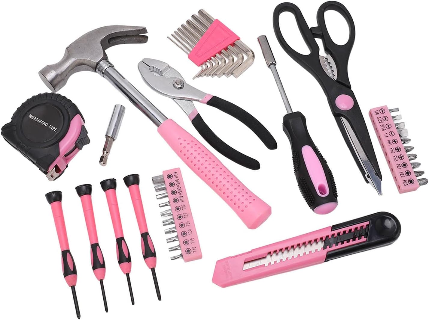 For Maintenance and Repair - 39 Piece Household Tool Kit - Pink and Black Hand Tool Set Including Claw Hammer Screwdriver Hex Wrench Pliers Tape Measure and Utility Knife with